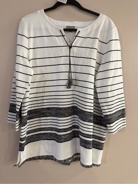 Talbots White and Black Striped Tunic with Tassel Tie